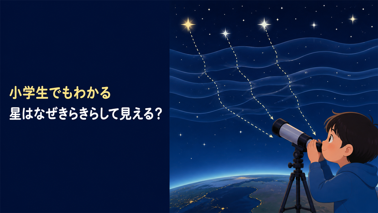 左に『小学生でもわかる 星はなぜきらきらして見える？』の文字、右に望遠鏡で夜空の星を見る子ども、星から届く光、波のような大気の層を描いた教育的イラスト