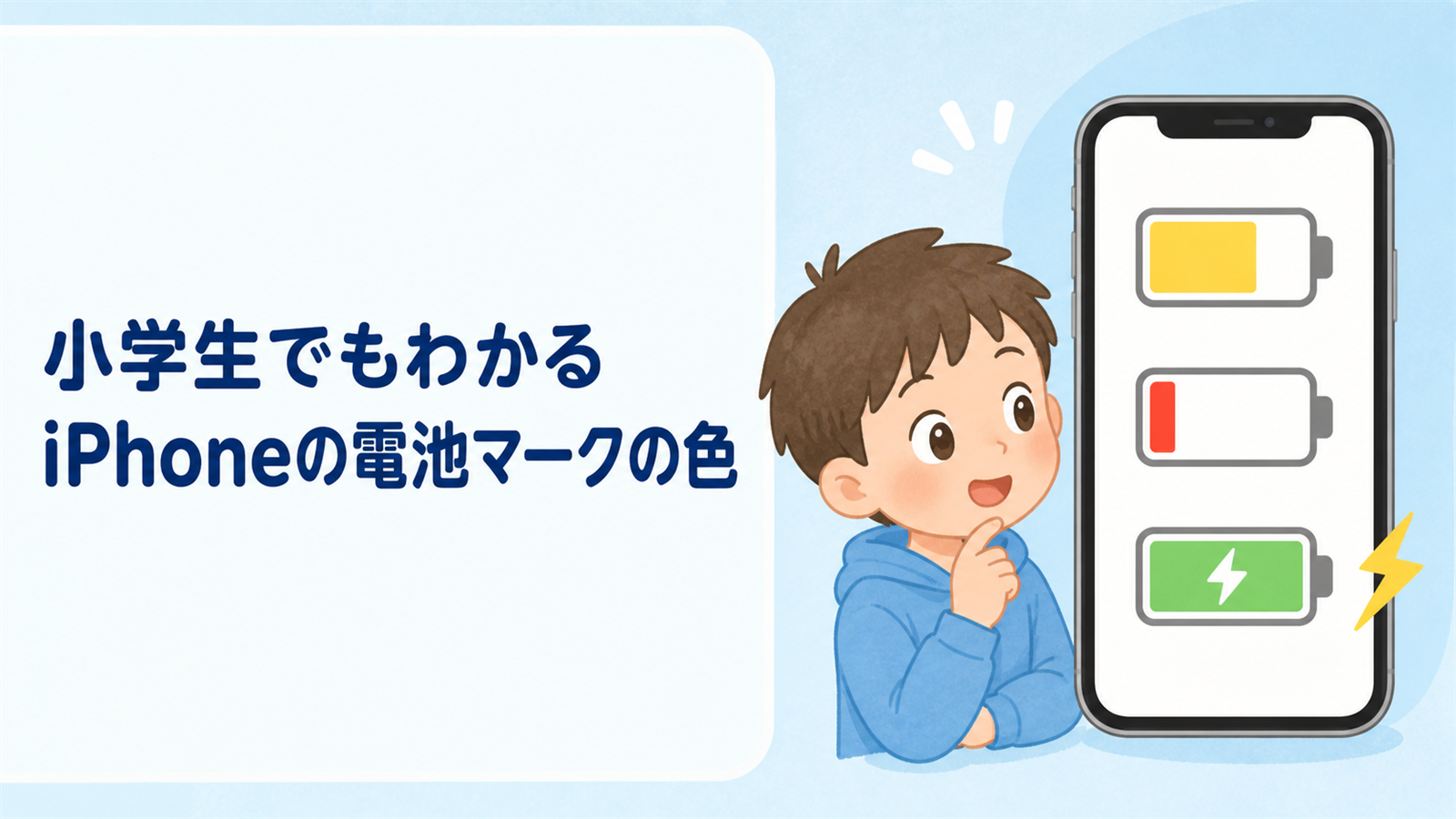 左に『小学生でもわかる iPhoneの電池マークの色』の文字、右に電池マークの色を見比べる子どもとスマートフォンを描いた教育イラスト