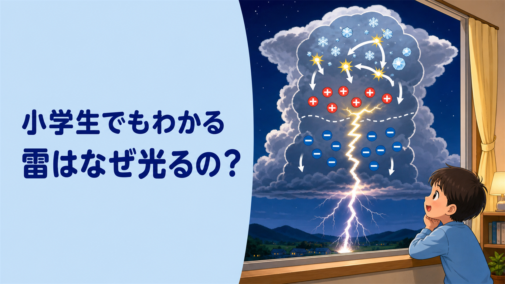 左に『小学生でもわかる 雷はなぜ光るの？』の文字、右に氷の粒と正負の電気が分かれた積乱雲、放電の光、室内の窓から空を見る子どもを描いた教育的イラスト