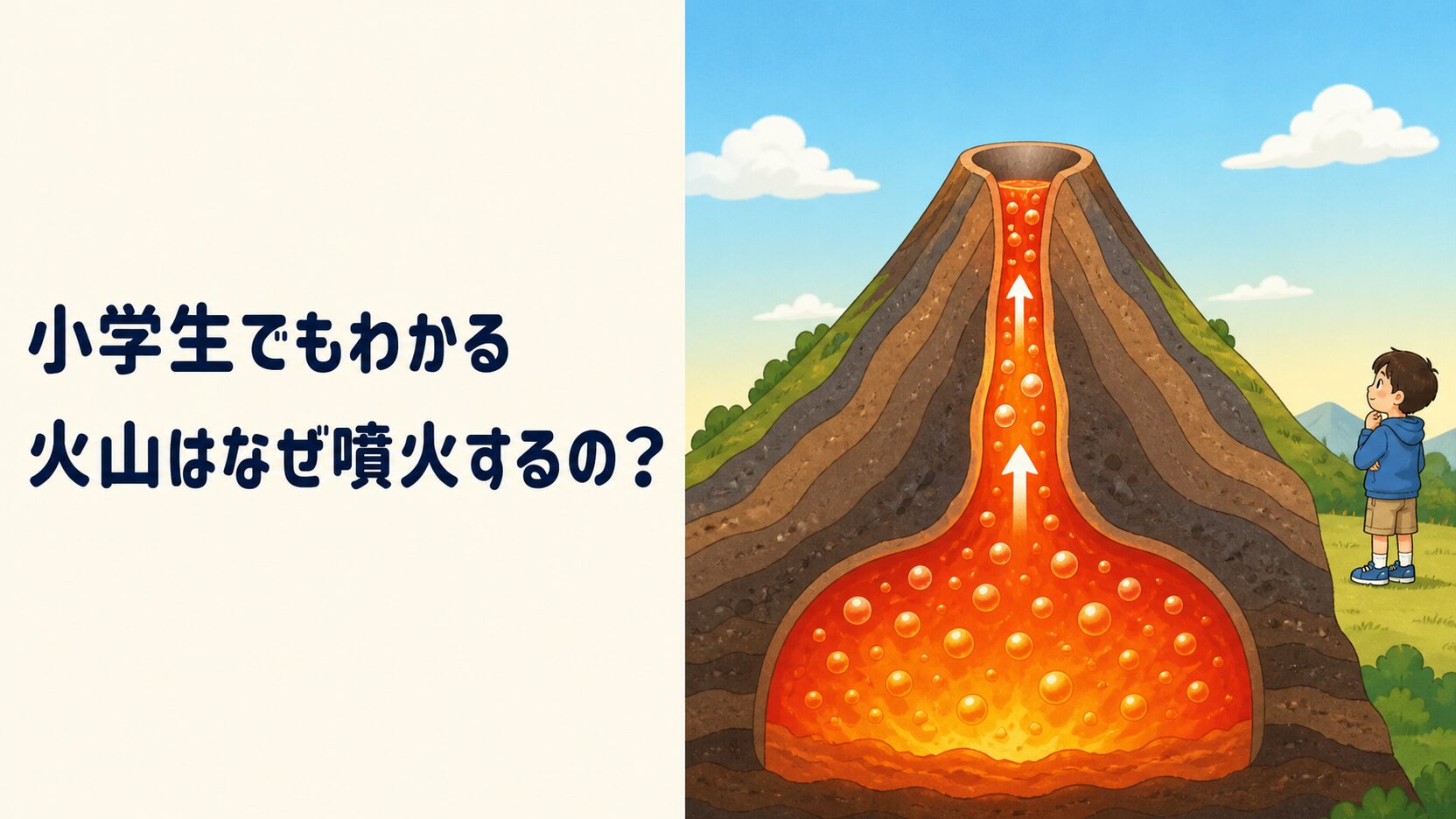 左に『小学生でもわかる 火山はなぜ噴火するの？』の文字、右に地下のマグマだまりから泡を含むマグマが火口へ上がる火山の断面図と、安全な場所で見る子どもを描いた教育的イラスト