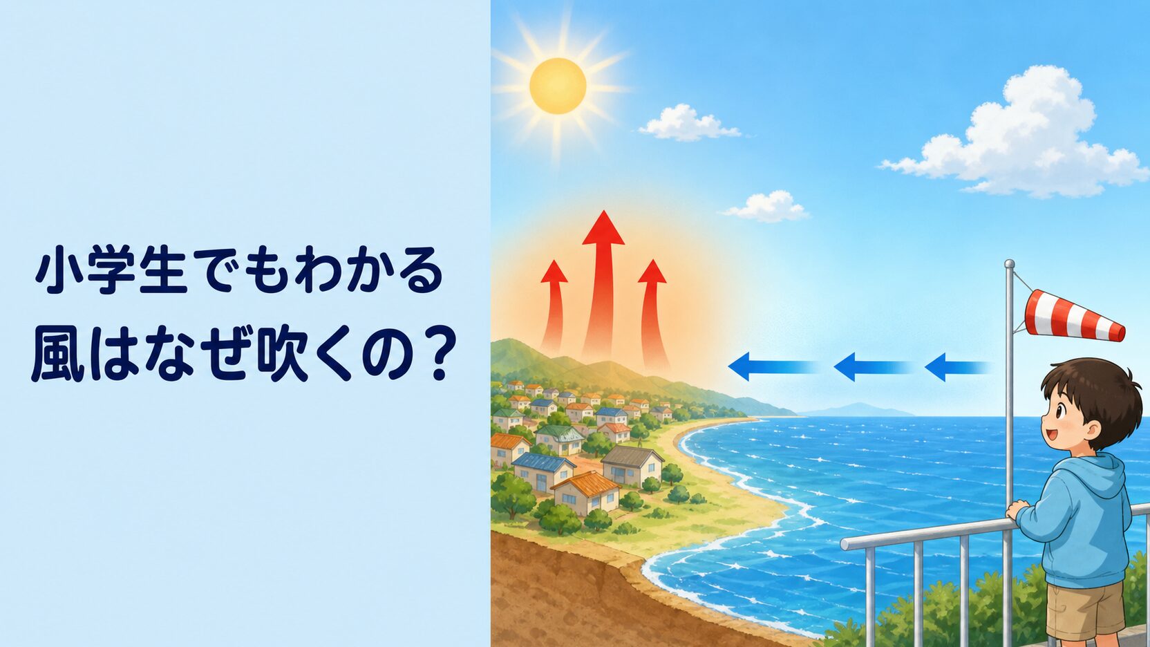 左に『小学生でもわかる 風はなぜ吹くの？』の文字、右に日差しで温まる陸地から上がる赤い矢印、海から陸へ向かう青い矢印、風見袋を見る子どもを描いた教育的イラスト