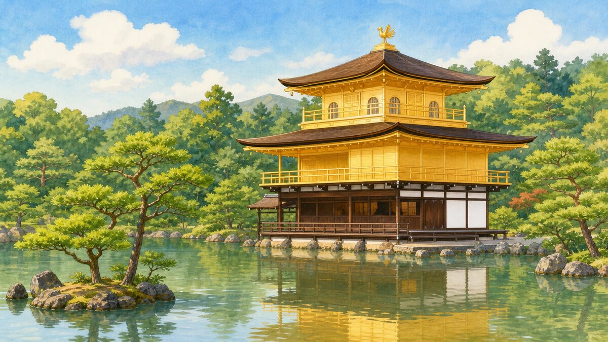 鏡湖池のほとりに立つ金色の金閣と緑の庭園を描いた教育イラスト