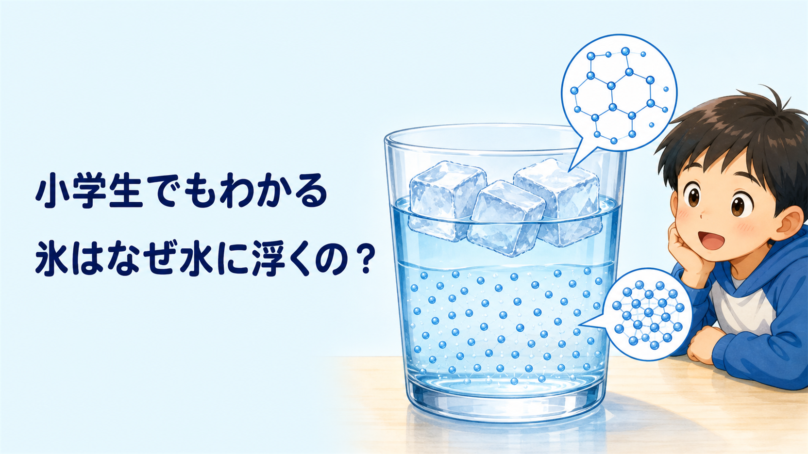 左に『小学生でもわかる 氷はなぜ水に浮くの？』の文字、右に水のコップに浮く氷と、氷・水の粒の並び方を比べる図、観察する子どもを描いた教育的イラスト