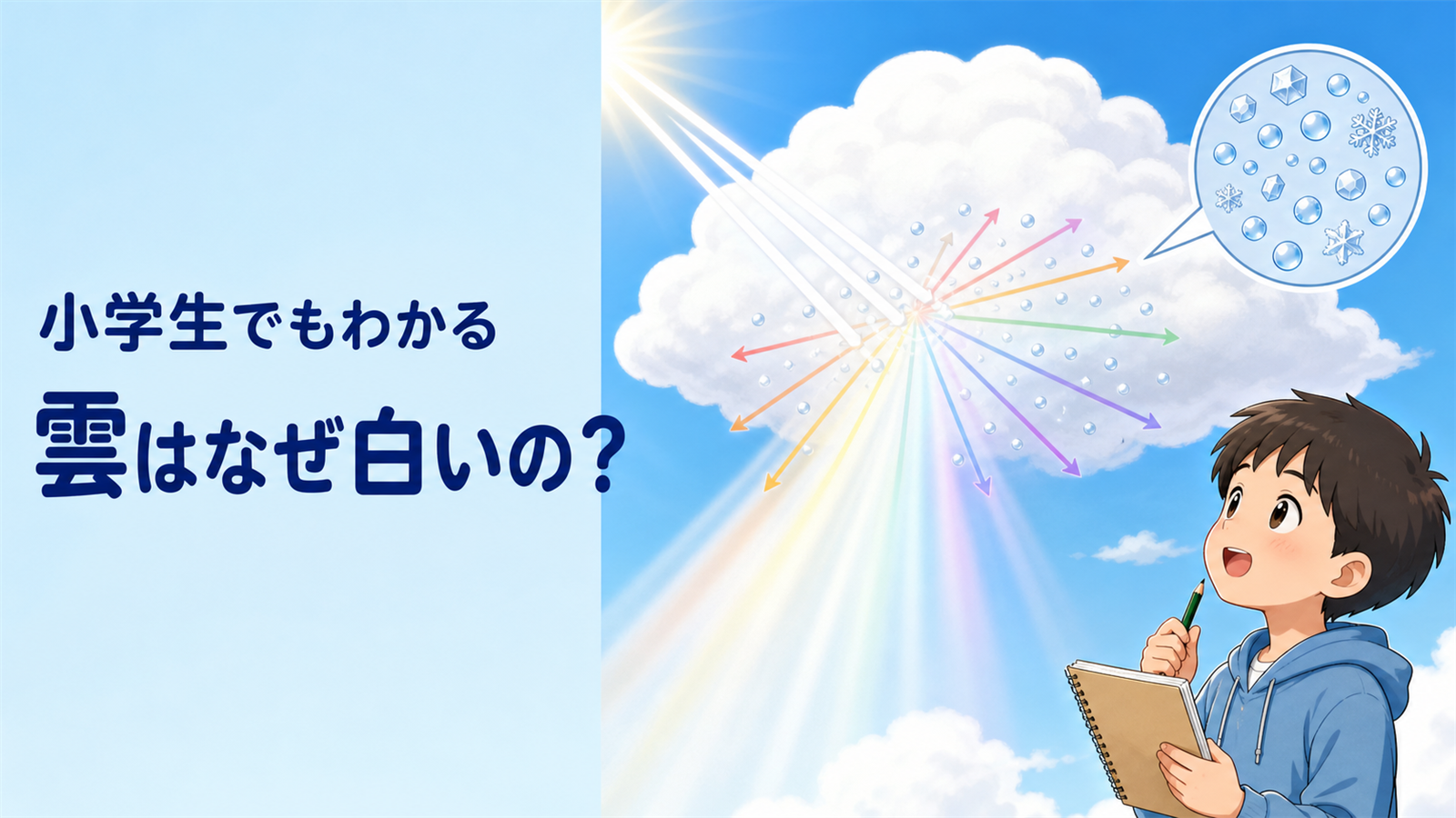 左に『小学生でもわかる 雲はなぜ白いの？』の文字、右に太陽光を散らす白い雲と水滴・氷の粒の拡大図、雲を観察する子どもを描いた教育的イラスト