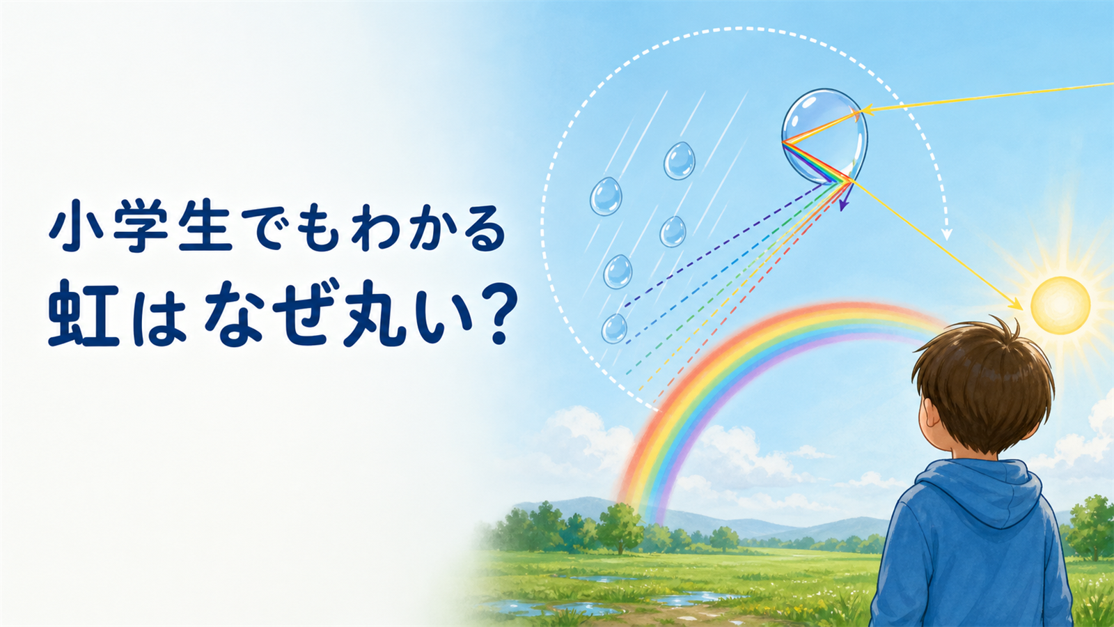 左に『小学生でもわかる 虹はなぜ丸い？』の文字、右に虹を見る子どもと、水滴で曲がり反射する光、円を示す点線を描いた教育的イラスト