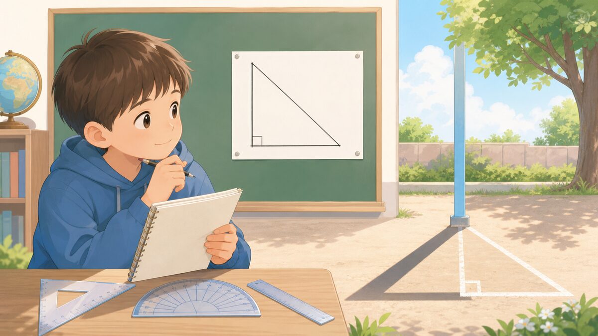 直角三角形と角度、地面にできたかげを見比べながら学ぶ子どもを描いた教育イラスト