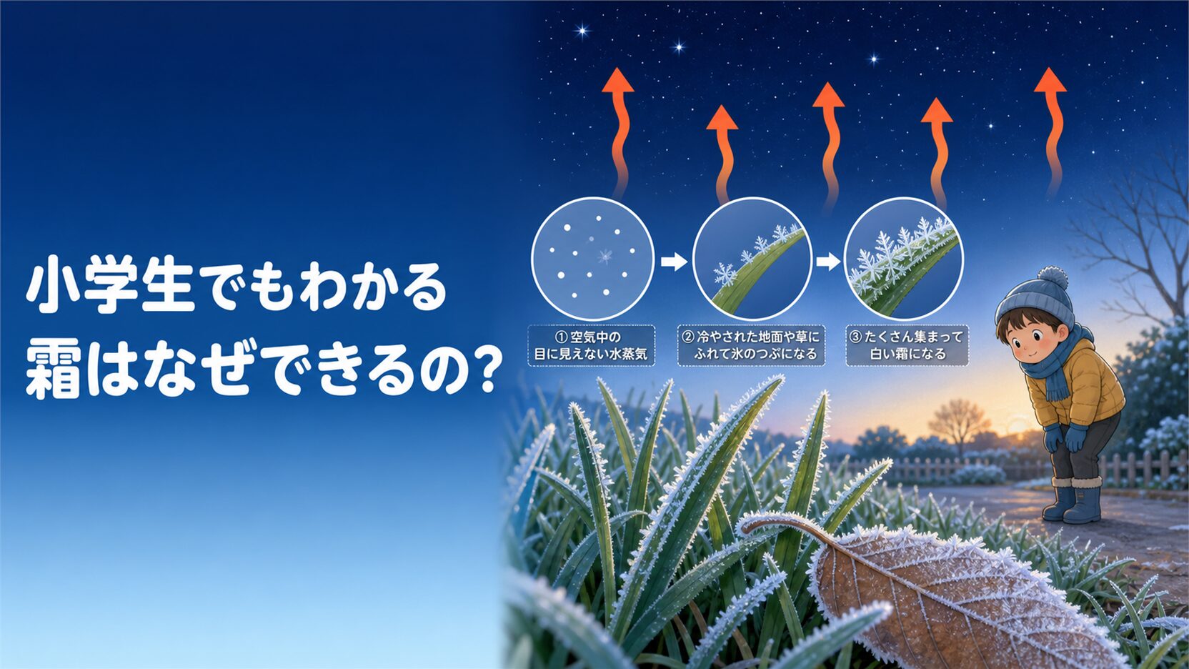 左に『小学生でもわかる 霜はなぜできるの？』の文字、右に白い霜が付いた草、晴れた夜空へ向かう熱の矢印、手袋をした子どもを描いた教育的イラスト