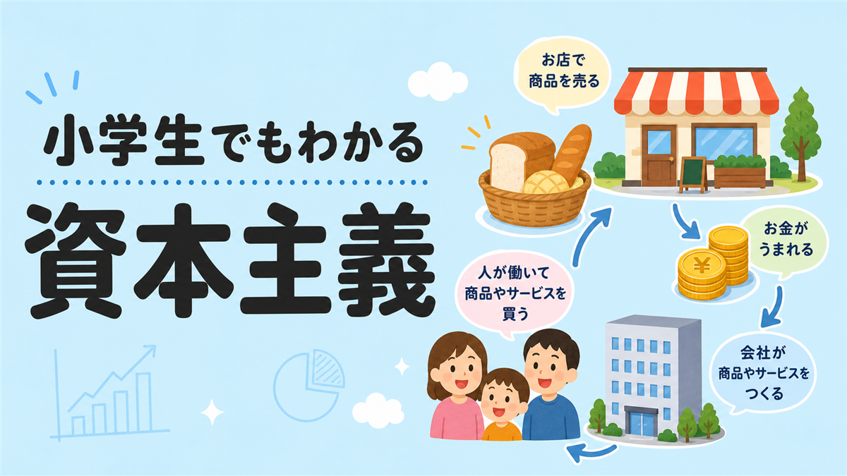 お金とお店、会社の仕組みを学ぶ子どもを描いた資本主義の教育イラスト
