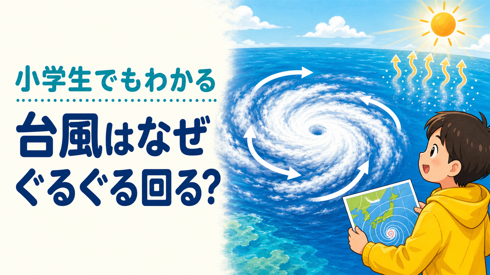 左に『小学生でもわかる 台風はなぜぐるぐる回る？』の見出し、右に海上の台風の雲の渦と反時計回りの矢印、天気図を見る子どもの教育的イラスト