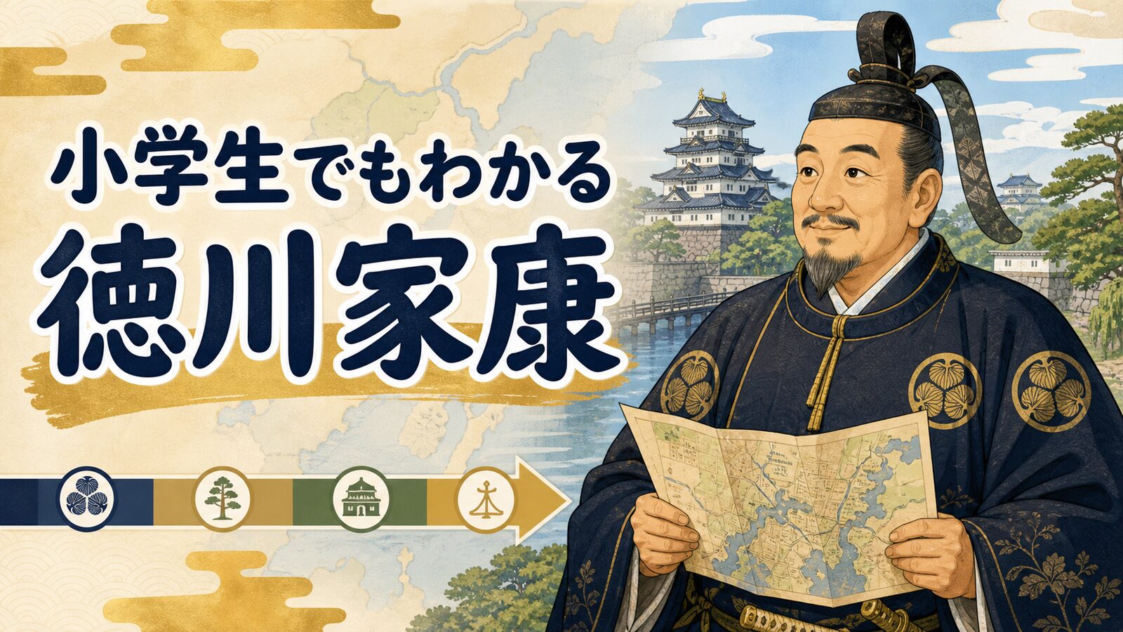 左に小学生でもわかる徳川家康という見出し、右に江戸城と地図を持つ徳川家康をイメージした教育イラスト