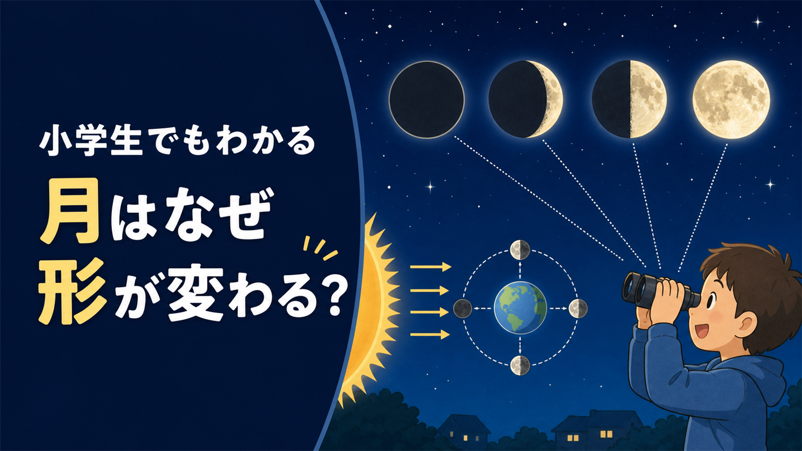 左に『小学生でもわかる 月はなぜ形が変わる？』の文字、右に新月・三日月・半月・満月、太陽光、地球と月の位置関係、双眼鏡で空を見る子どもを描いた教育的イラスト