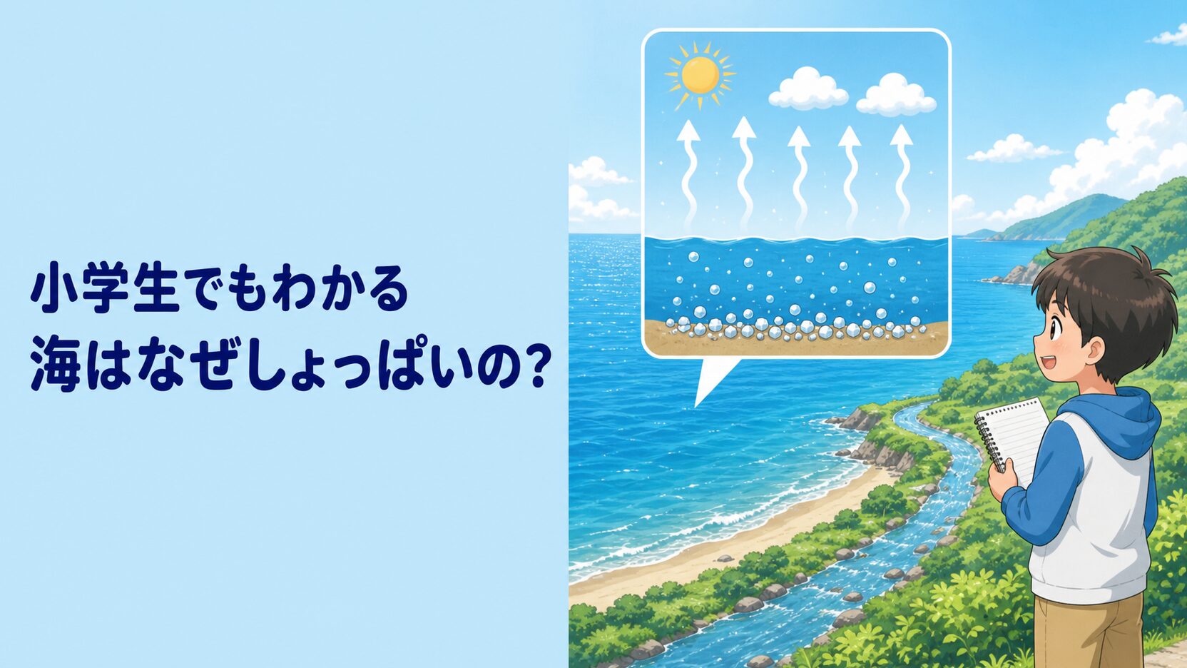 左に『小学生でもわかる 海はなぜしょっぱいの？』の文字、右に海と川、太陽で海水が蒸発して塩が海に残る図、ノートを持つ子どもを描いた教育的イラスト