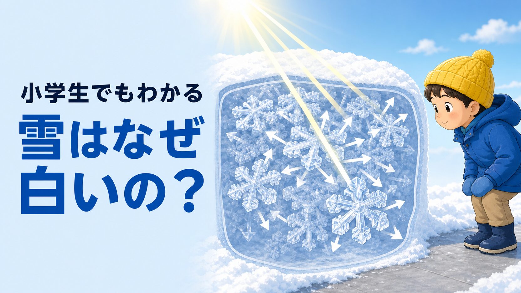 左に『小学生でもわかる 雪はなぜ白いの？』の文字、右に重なった透明な雪の結晶と、いろいろな向きへ散る光の矢印、雪を見る子どもを描いた教育的イラスト