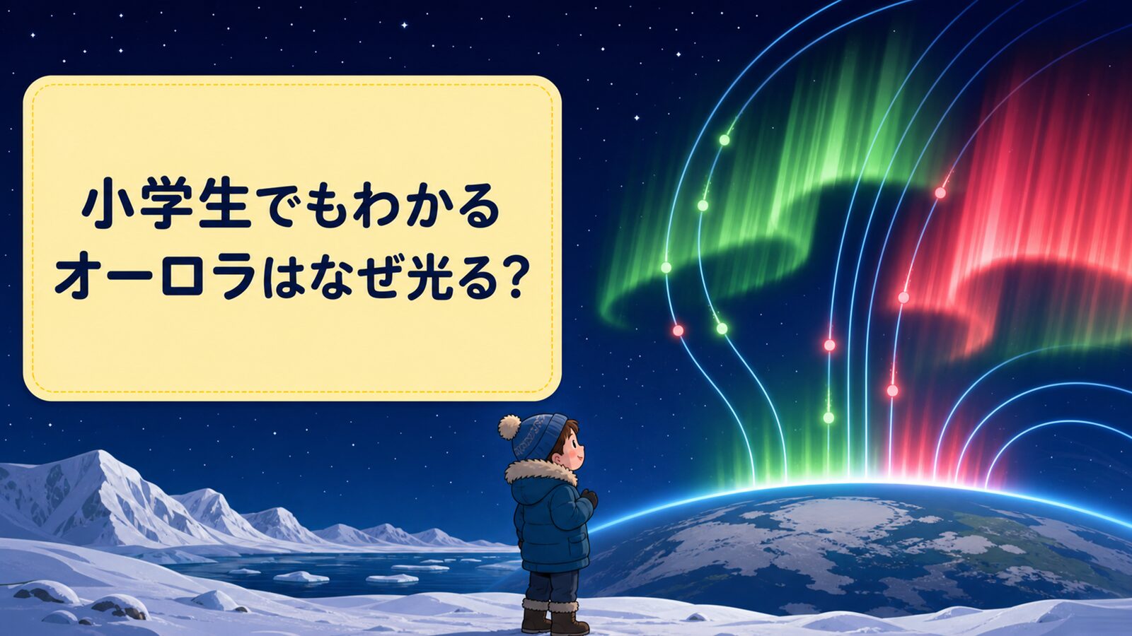 左に『小学生でもわかる オーロラはなぜ光る？』の見出し、右に地球の上空で粒子が磁力線に沿って降り、緑と赤のオーロラが光る教育的イラスト