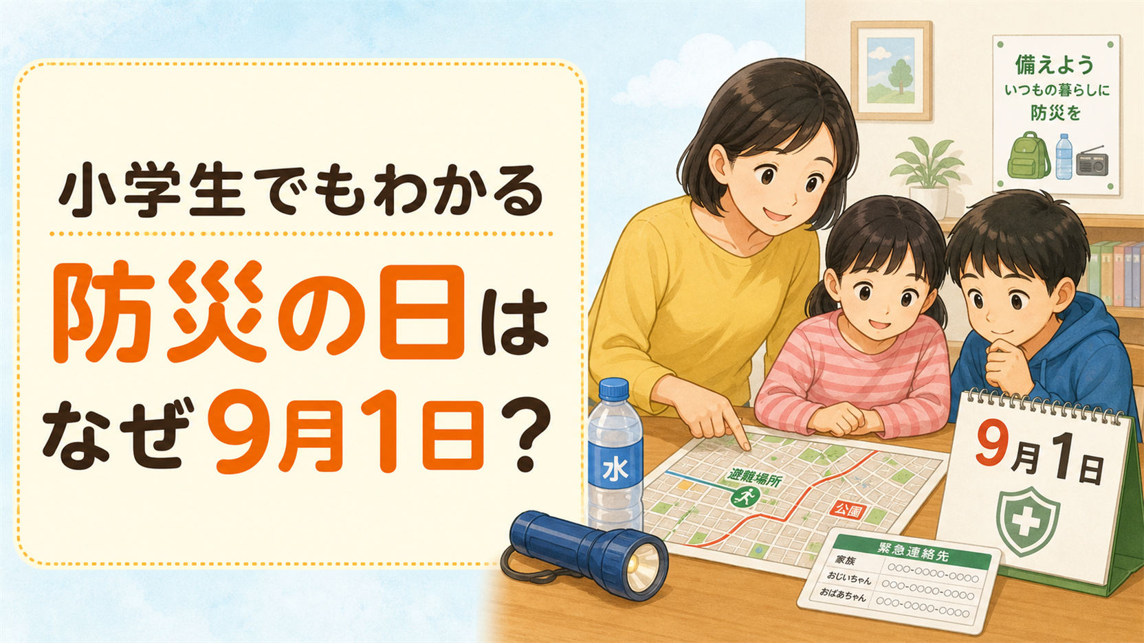 左に『小学生でもわかる 防災の日はなぜ9月1日？』の文字、右に9月1日のカレンダーと、避難場所の地図、懐中電灯、水、連絡カードを家族で確認する様子を描いた教育的イラスト