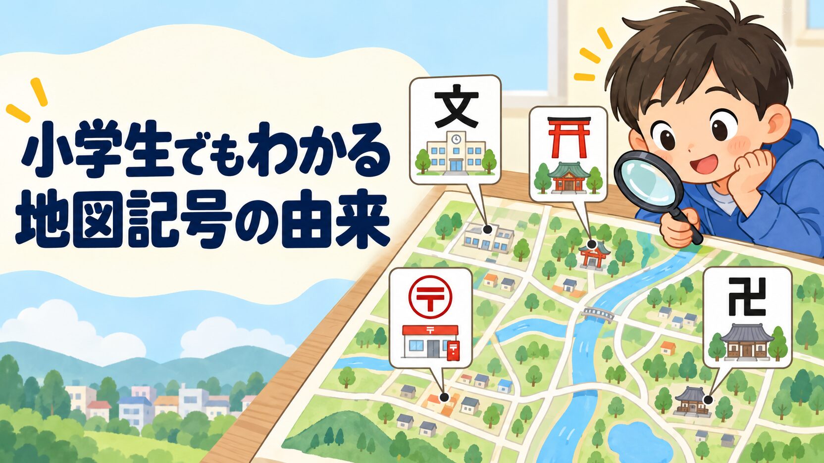左側に『小学生でもわかる 地図記号の由来』、右側に机に広げた地図、虫眼鏡を持つ小学生、学校を表す文、鳥居、丸で囲んだ〒、卍が説明用の記号として描かれた教育イラスト