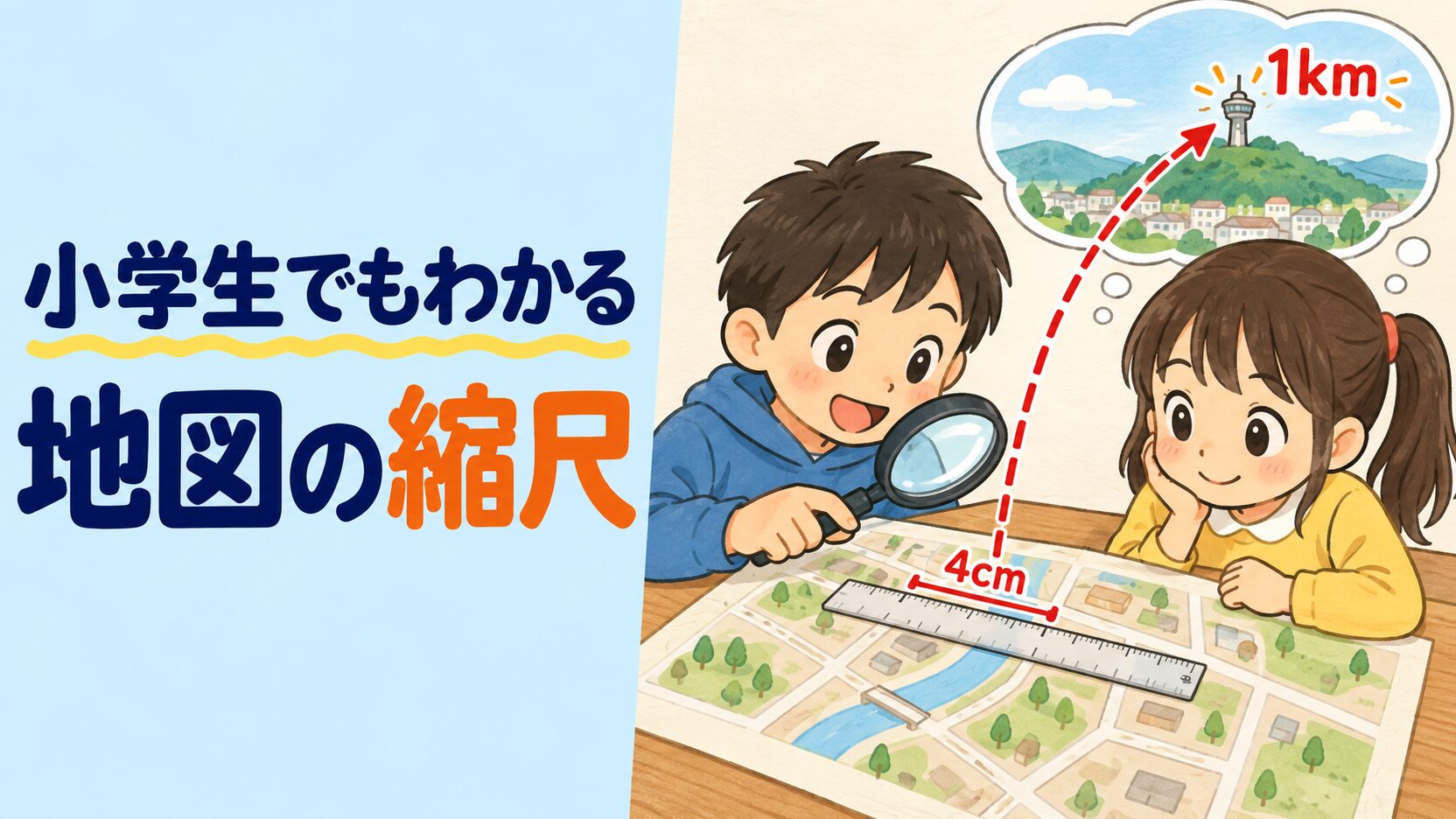 左側に『小学生でもわかる 地図の縮尺』、右側に机の上のシンプルな地図、定規、虫眼鏡、2人の小学生、地図上の4cmと実際の1kmを結ぶ矢印が描かれた教育イラスト