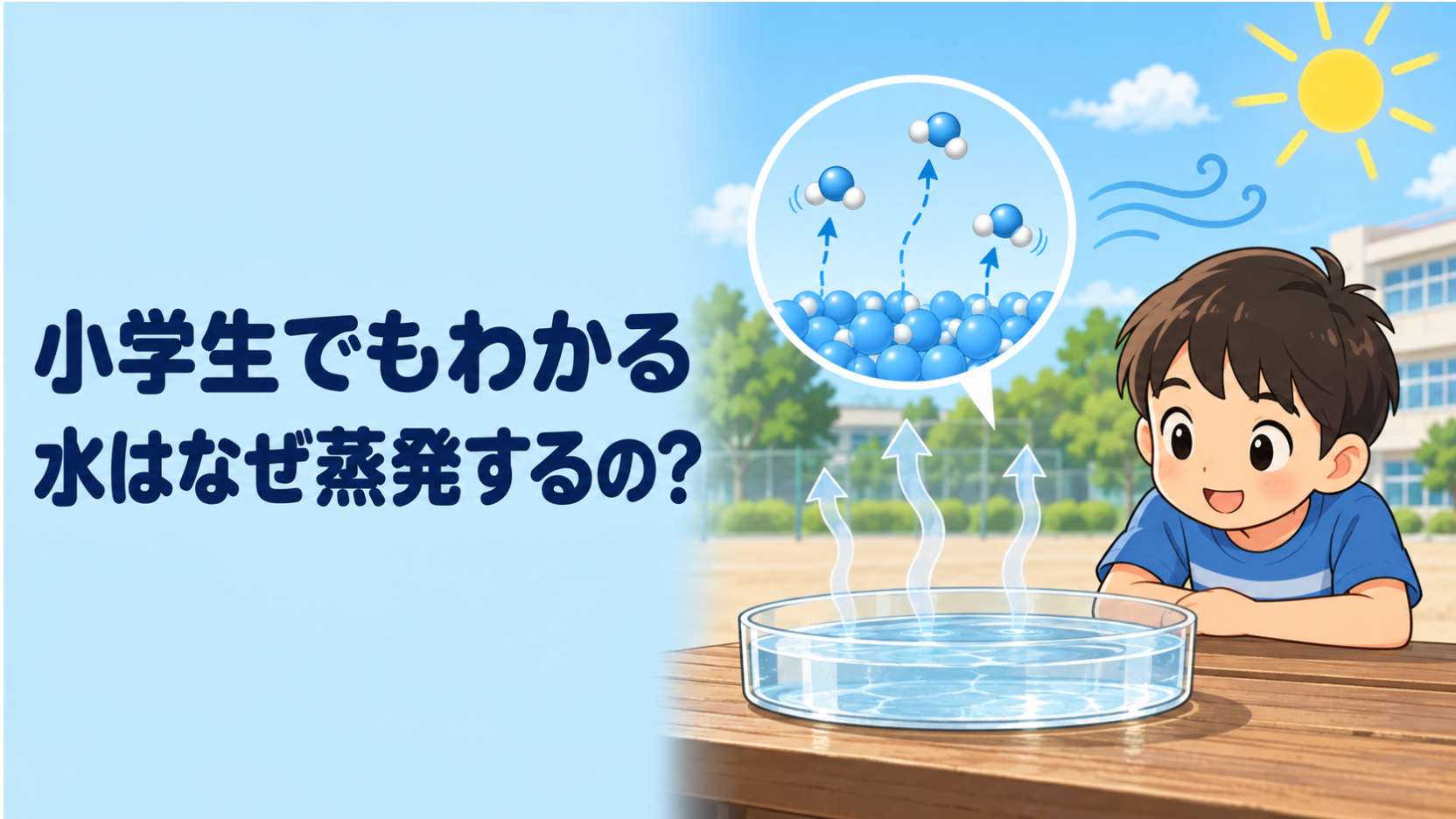 左に『小学生でもわかる 水はなぜ蒸発するの？』の文字、右に水皿から上へ向かう水蒸気の矢印と分子の模式図、晴れた校庭で観察する子どもを描いた教育的イラスト
