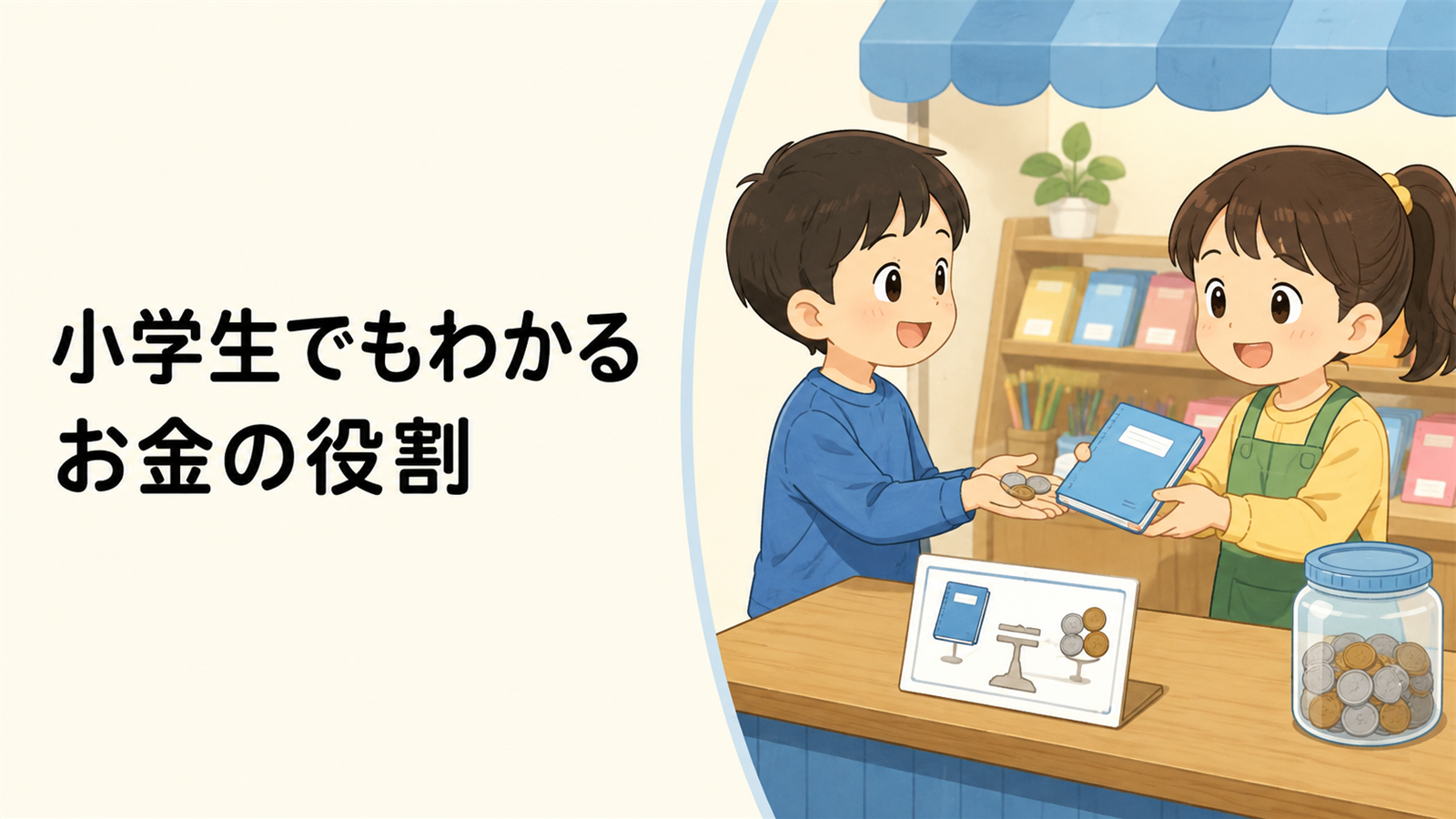 左に『小学生でもわかる お金の役割』、右にノートと硬貨を交換する子ども、はかりと貯金びんを描いた教育イラスト