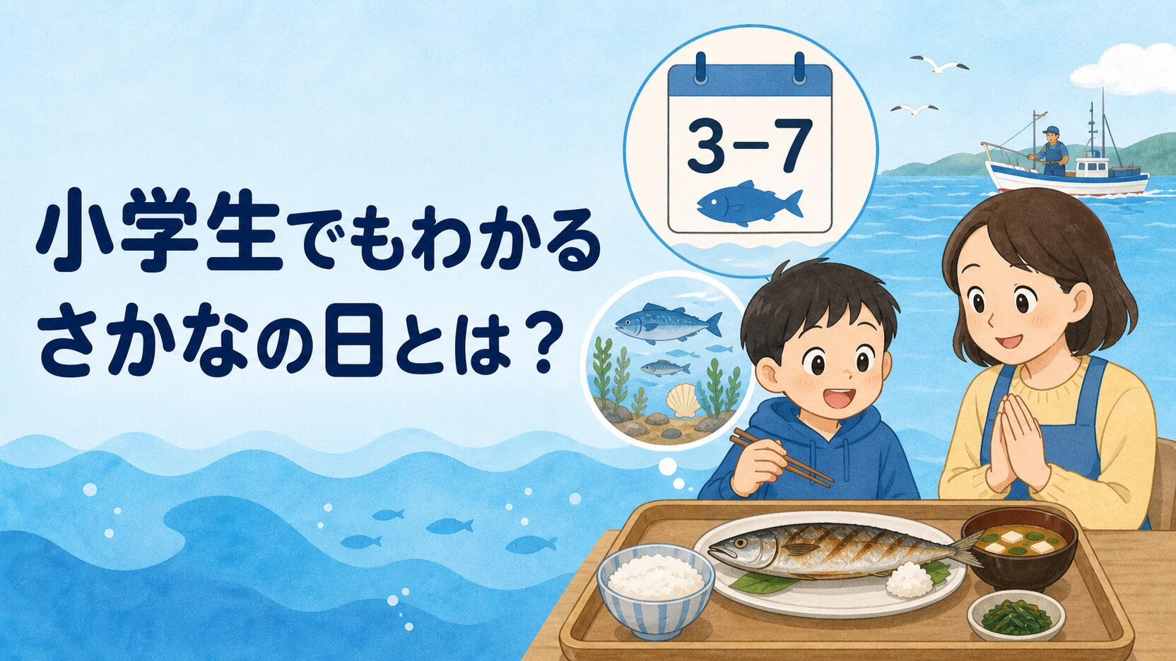 左に『小学生でもわかる さかなの日とは？』の文字、右に3から7日のカレンダー、焼き魚の食事を前にした子どもと大人、海の漁船を描いた教育的イラスト