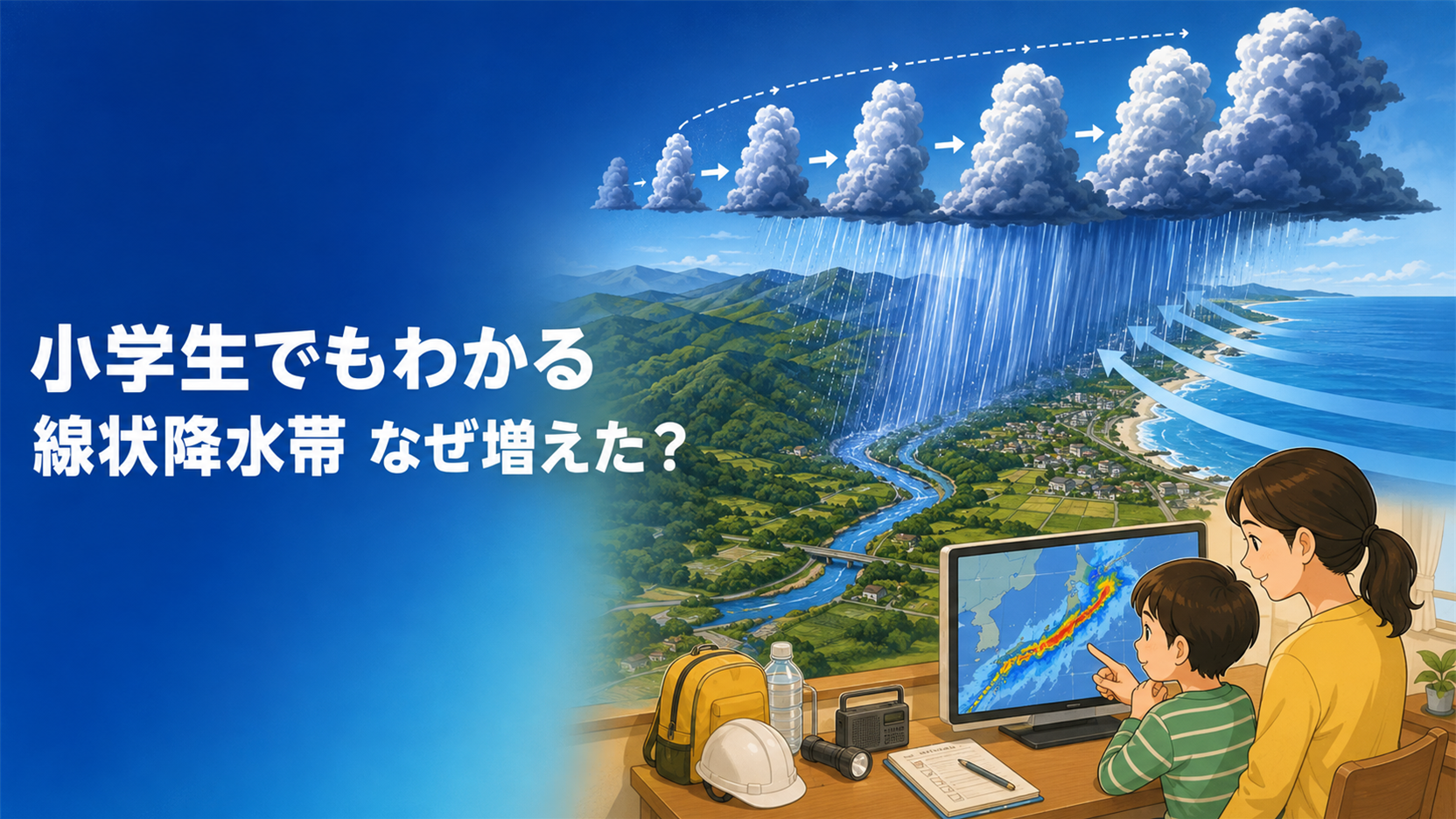 左に『小学生でもわかる 線状降水帯 なぜ増えた？』の文字、右に海から水蒸気が流れ、列になった積乱雲が同じ地域へ強い雨を降らせ、家の中で天気情報を見る親子を描いた教育的イラスト