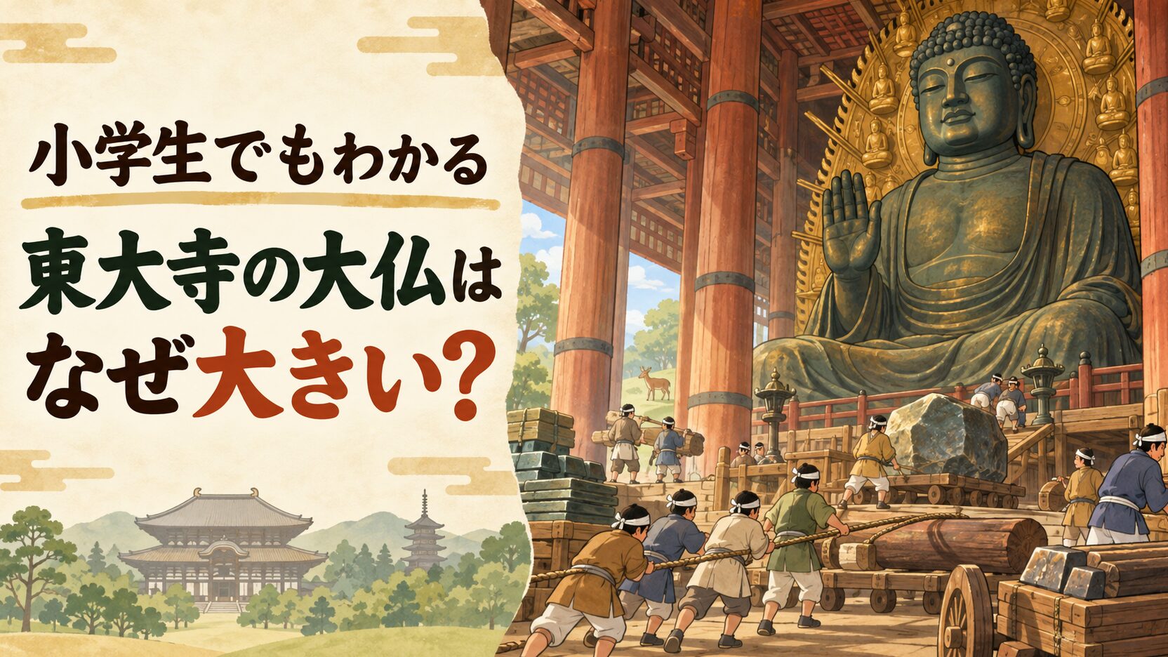 左に『小学生でもわかる 東大寺の大仏はなぜ大きい？』の文字、右に大仏殿の大仏と材料を運ぶ人々を描いた教育的な奈良時代風イラスト
